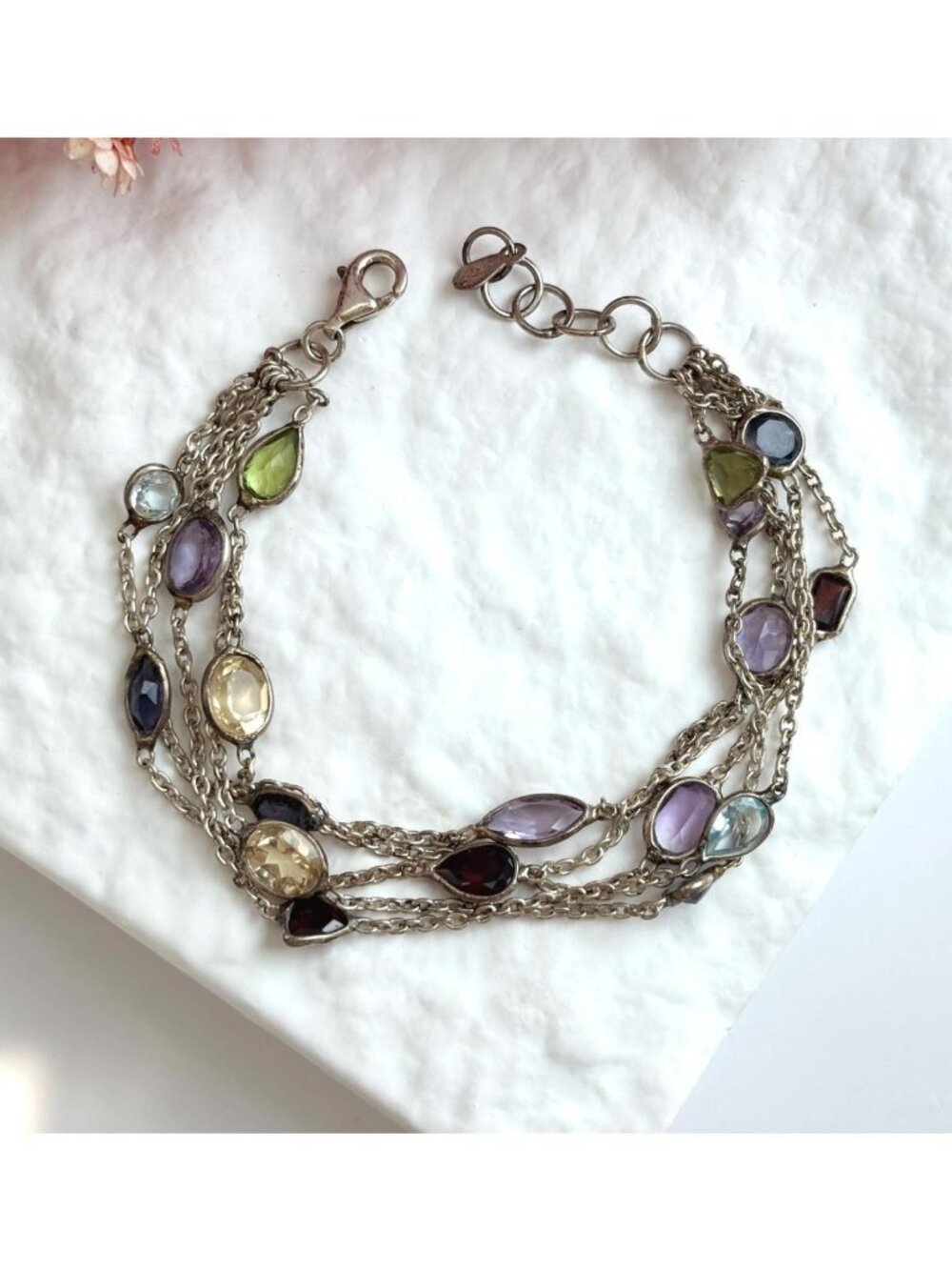 Rainbow Natural Gemstone Multi Chainlink Vintage Sterling Silver 925 Bracelet